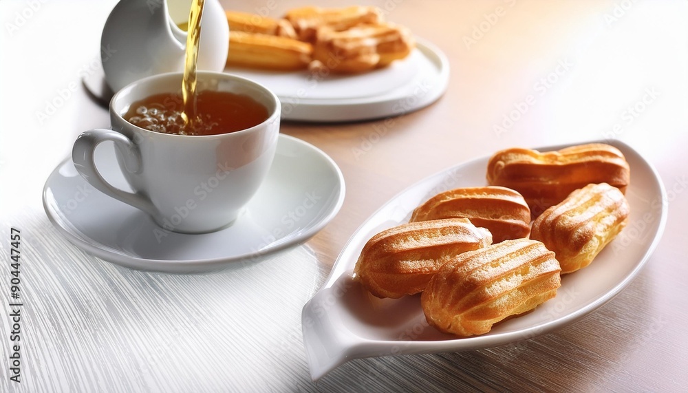 Sticker footage of pouring tea in a cup and round eclairs on a plate