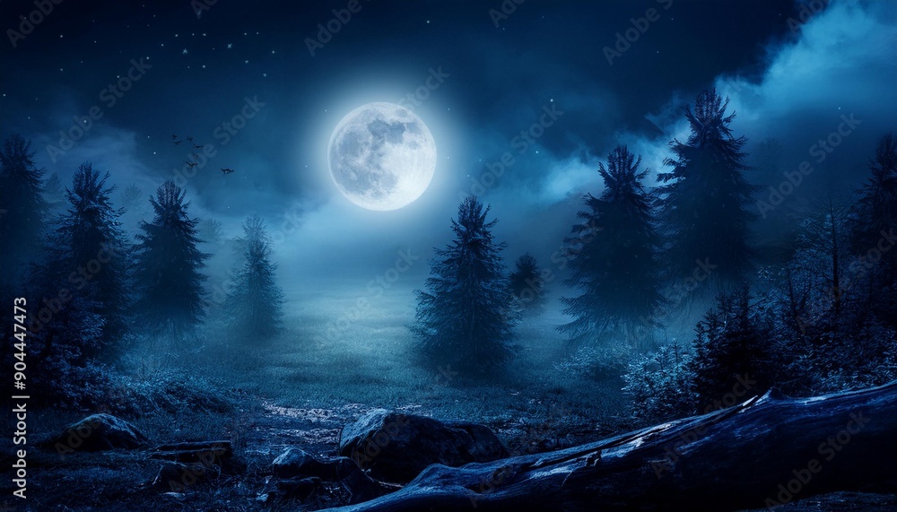 Poster dark fantasy forest landscape at night with moon and clouds in the sky