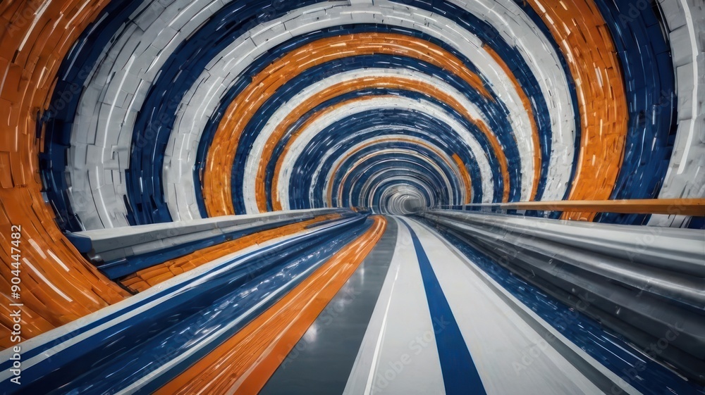 Poster an abstract, spiraling tunnel with vibrant blue and orange patterns, creating a futuristic and dynam
