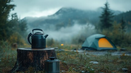 A detailed close-up of a black kettle on a tree stump, with a glowing tent and misty mountains in the background.

