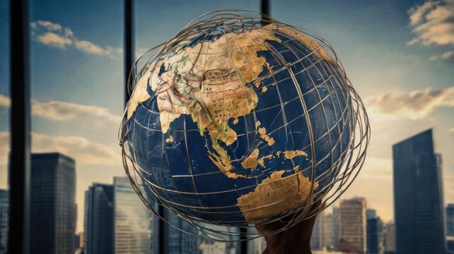 A hand holds a globe with a golden grid overlay, symbolizing a global perspective against a city skyline.
