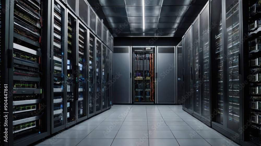 Poster a modern data center featuring rows of servers and high-tech racks in a sleek, well-lit environment.