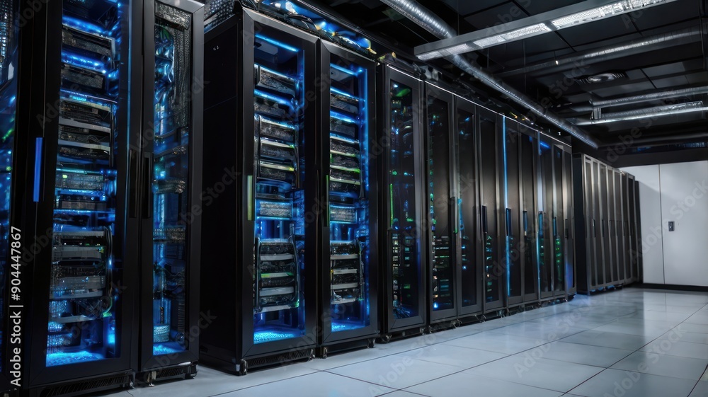 Poster a modern data center featuring rows of high-capacity servers illuminated by blue led lights, showcas