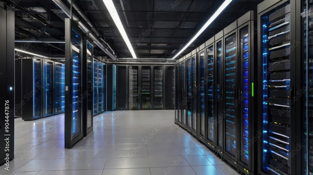 Poster a modern data center filled with sleek, illuminated server racks in a high-tech environment.