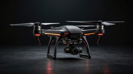 A sleek black and orange drone with a camera, positioned on a dark surface against a shadowy background.
