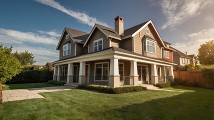 Obraz premium Beautiful suburban house with a spacious yard, featuring a charming blend of architectural styles and a welcoming front porch.