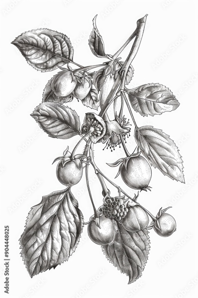 Poster a picture of a branch covered in berries and leaves, perfect for use as a background or to illustrat