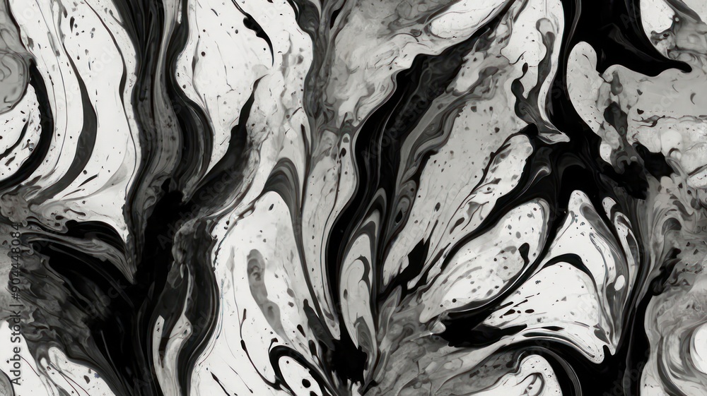 Aufkleber abstract black and white marbled texture with dynamic swirling patterns.