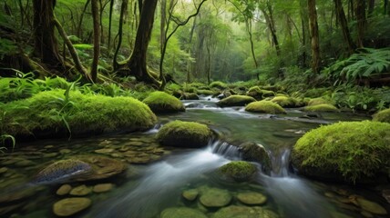 Obraz premium A serene view of a lush green forest stream, featuring smooth stones and vibrant moss, creating a peaceful and tranquil atmosphere.