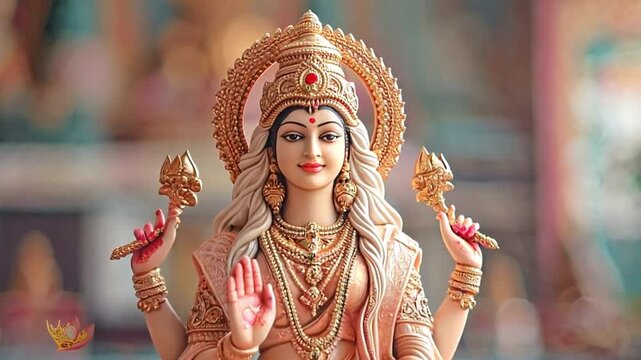 shows the Hindu goddess Laxmi, a representation of wealth and prosperity, sitting on a lotus with a celestial aura.