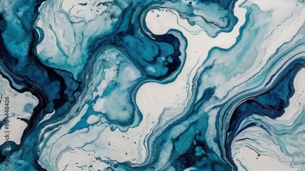 Poster abstract fluid art featuring intricate blue and white swirls, creating a mesmerizing and calming vis