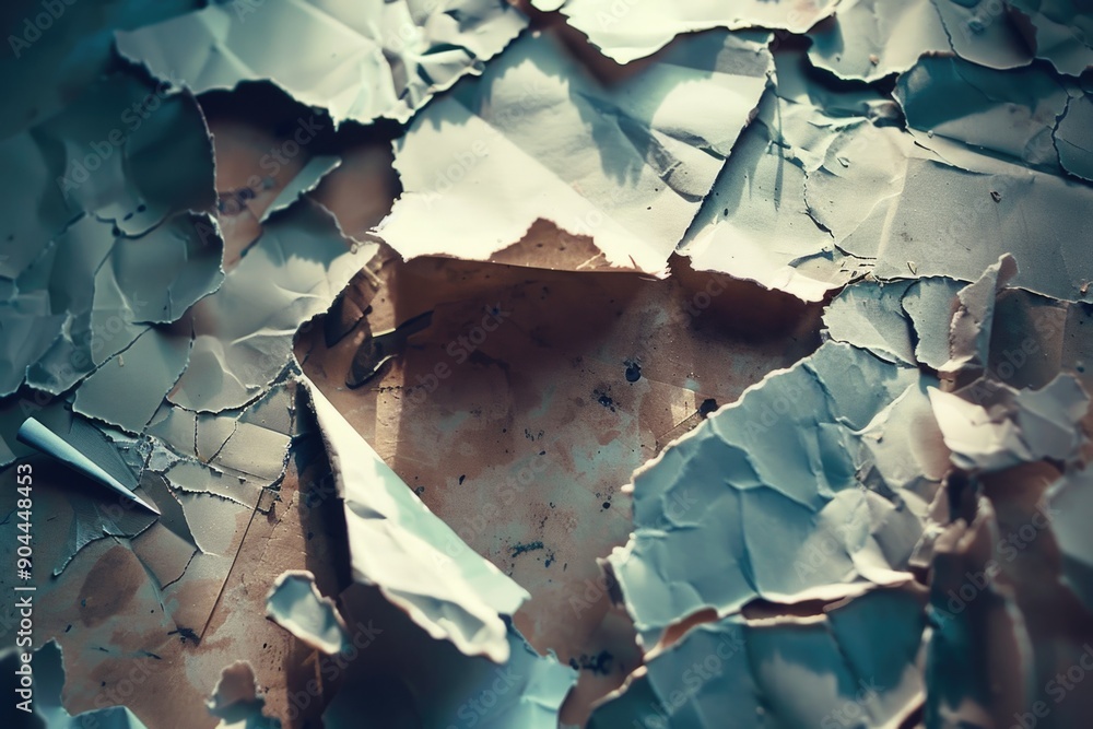 Poster a close-up shot of a torn and worn-out piece of paper, ideal for representing forgotten notes or aba