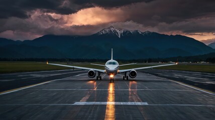 A sleek jet airplane sits on the runway, illuminated under a dramatic sunset with clouds over a majestic mountain range.