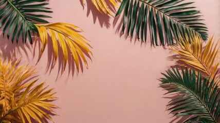 Vibrant green and yellow palm leaves frame a soft pink background, creating a tropical and fresh ambiance.
