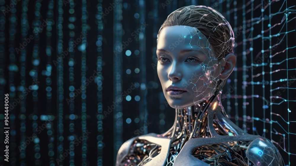Poster close-up of a futuristic female robot with intricate circuitry, amidst a digital backdrop of flowing