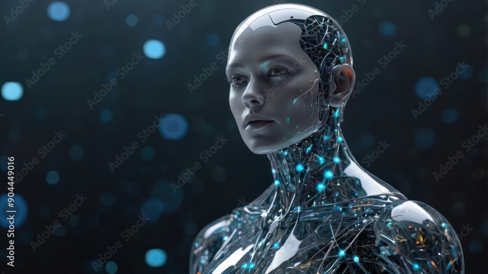Poster a futuristic female android with a sleek metallic design and intricate circuitry glows softly agains