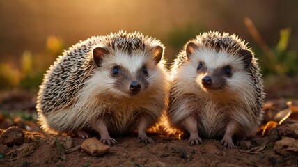 Two adorable hedgehogs snuggling together in the warm glow of sunset.