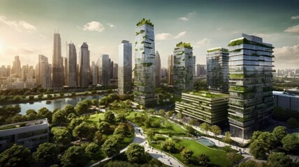 Obraz premium A stunning cityscape featuring modern skyscrapers with greenery, reflecting a harmonious blend of nature and architecture.