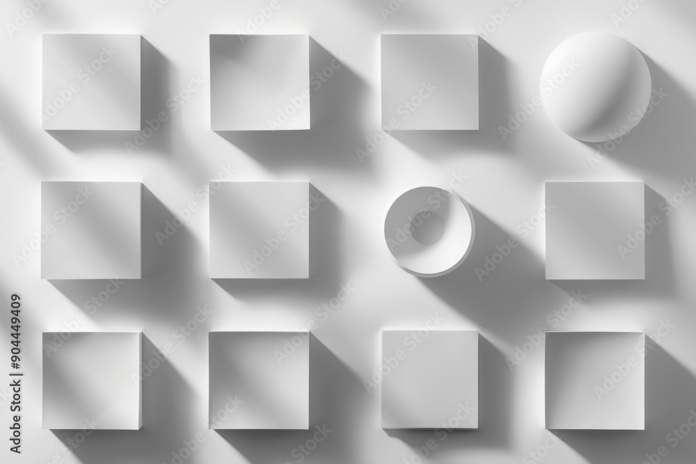 Poster a minimalist composition featuring a group of white cubes and a sphere on a white surface