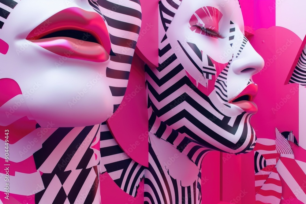 Poster a collection of colorful masks on a rack or shelf, perfect for use in decorative or cultural themes