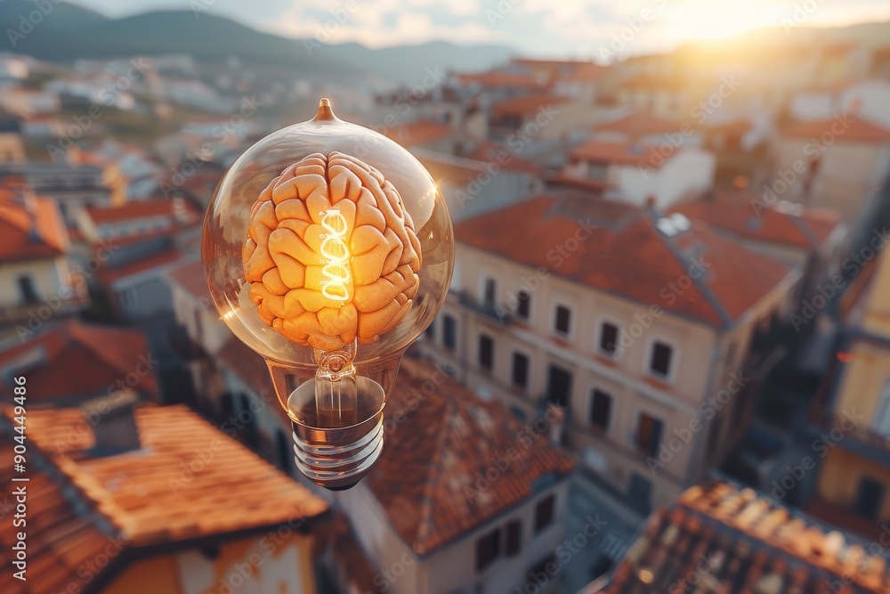 Poster brain lightbulb floating over cityscape merging urban life with elevated concepts.