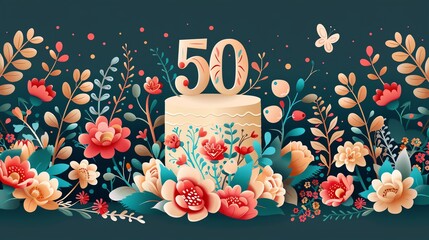 Floral decorated cake with number 50, celebrating 50th anniversary or birthday.