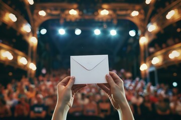 Hands holding an envelope in front of a theater audience, highlighting themes of communication, announcements, and formal events, perfect for showcasing letters, messages, and dramatic , Generative Ai