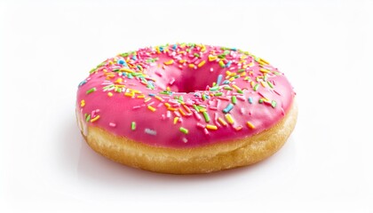 pink donut with colorful sprinkles isolated on white background side view