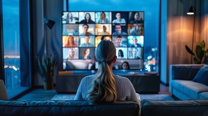 Rear view young indian ethnicity employee holding video conference web cam online meeting with happy mixed race colleagues, discussing working issues
