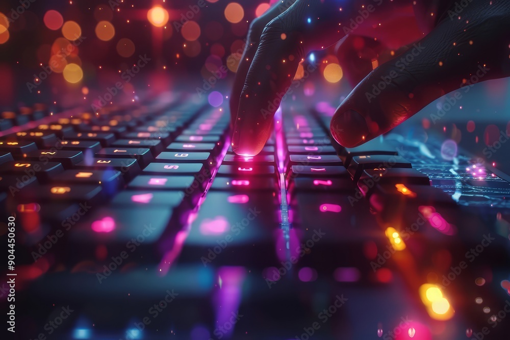 Poster vibrant neon-lit keyboard with a finger pressing a key, highlighting modern technology, gaming, and 