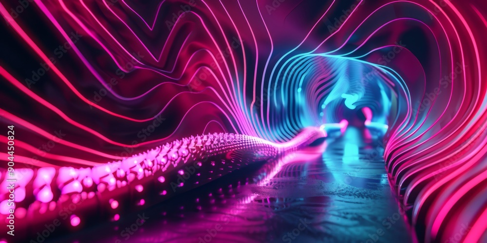 Aufkleber in a tunnel, dynamic neon lights create a futuristic effect with vibrant colors and abstract shapes