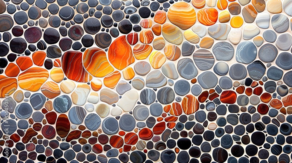 Poster a close-up image of a wall composed of varying shades of rocks and pebbles, adorned with diverse pat