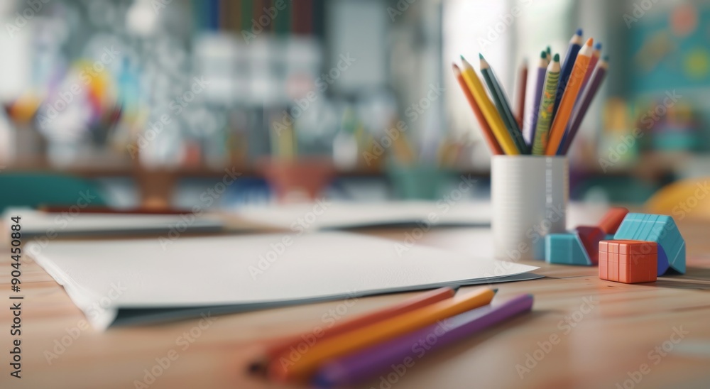 Poster creative workspace with colorful stationery and blank papers in a classroom setting
