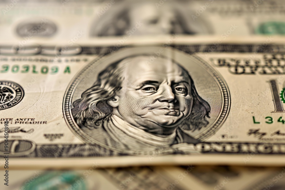 Poster one hundred dollar bill with the portrait of benjamin franklin in macro close up showing concept of 