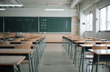 Empty Classroom With Desks and Chalkboard During Daylight