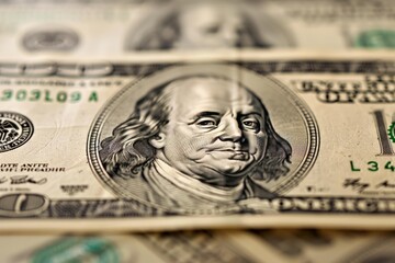 One hundred dollar bill with the portrait of benjamin franklin in macro close up showing concept of american economy