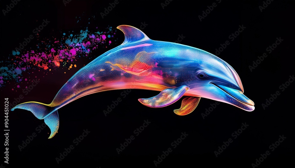 Canvas Prints abstract portrait of a dolphin in neon colors on a black background done in the pop art style with splashes