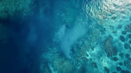 Ocean surface aerial top view, sea with coral reef