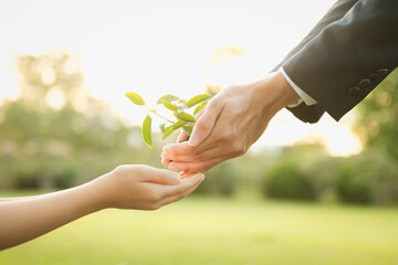 Businessman handing plant or sprout to young boy as eco company committed to corporate social...