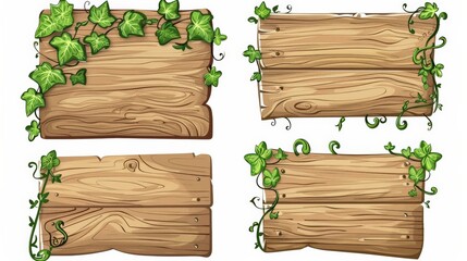 A collection of wooden boards, each adorned with green ivy leaves in different styles. These are perfect for rustic or nature-themed decorations and projects.