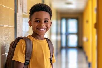 cheerful little black boy student with backpack walking through the elementary school hallway, confidently smiling at the camera. Back to school concept. copy space for text.