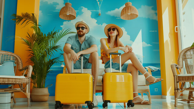 Young couple happily sitting on their yellow suitcases at home, dressed in summer attire, prepared for their upcoming vacation