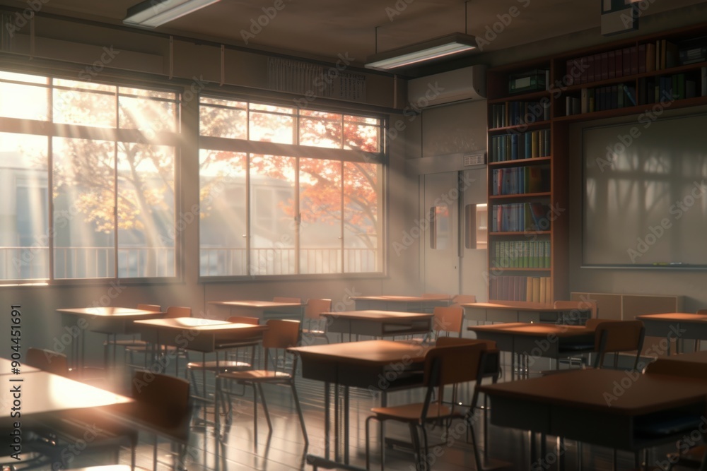 Poster sunlight streaming through empty classroom desks in afternoon
