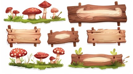 This image depicts a variety of mushrooms and rustic wooden signs set on a grassy ground, offering a vivid representation of nature, capturing whimsical charm and artistic appeal.