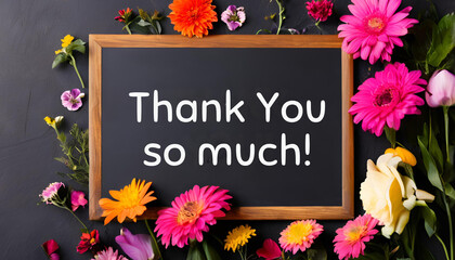Blackboard thank you so much message dark background concept with flowers generative ai