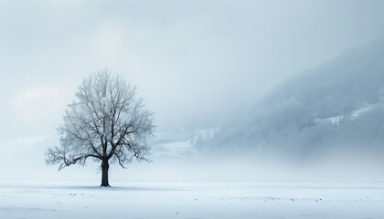 Fototapeta premium A solitary tree stands in a vast, snowy field with fog rolling over distant hills, creating a serene and tranquil winter landscape.