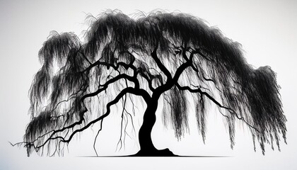 a black silhouette of weeping willow silhouette detailed branch structure majestic nature illustration