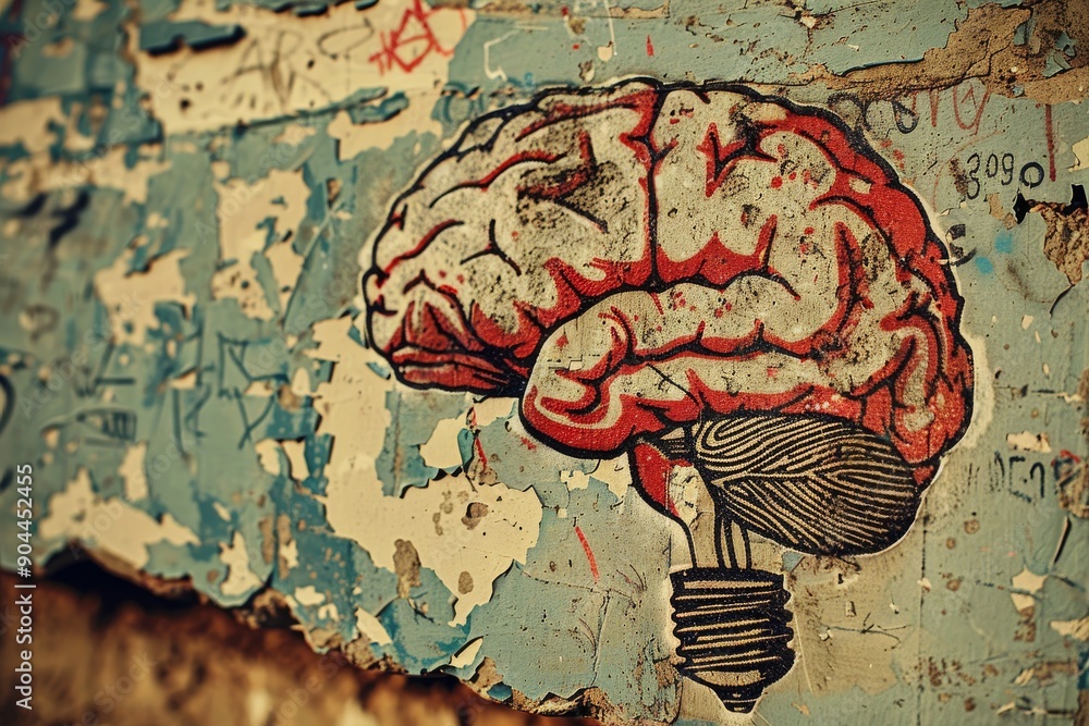 Poster brain lightbulb with vintage world map background merging global thought with historical exploration