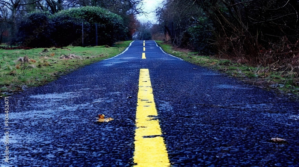 Poster an image depicts an empty road flanked by trees, featuring a yellow line on one side