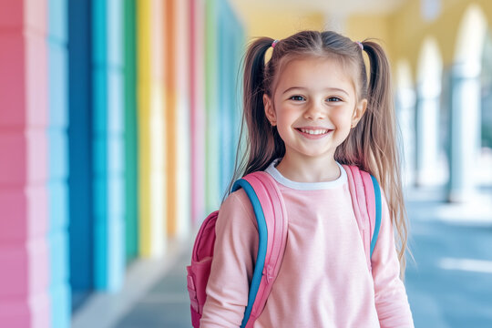 cheerful little brunette girl student with backpack walking through the elementary school hallway, confidently smiling at the camera. Back to school concept. copy space for text.